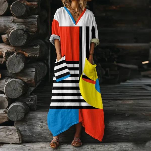 Design Abstract Geometric Print V-Neck Maxi Dress Multicolor - 1