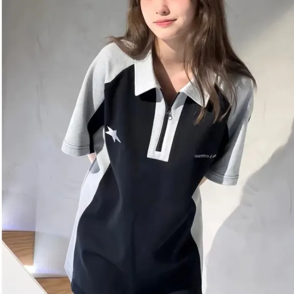 Design Color-Block Zip-Neck Polo Black / Gray Star Print Tops.polo - 1