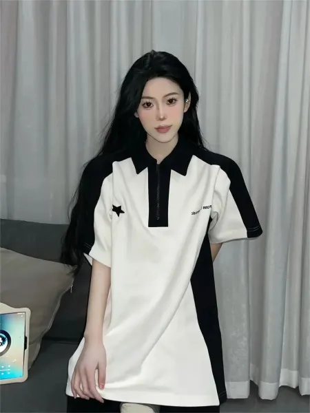 Design Color-Block Zip-Neck Polo Black / Gray Star Print Tops.polo - 3
