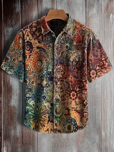 Design Psychedelic Print Short-Sleeve Button-Up Shirt Tops Shirt - 1