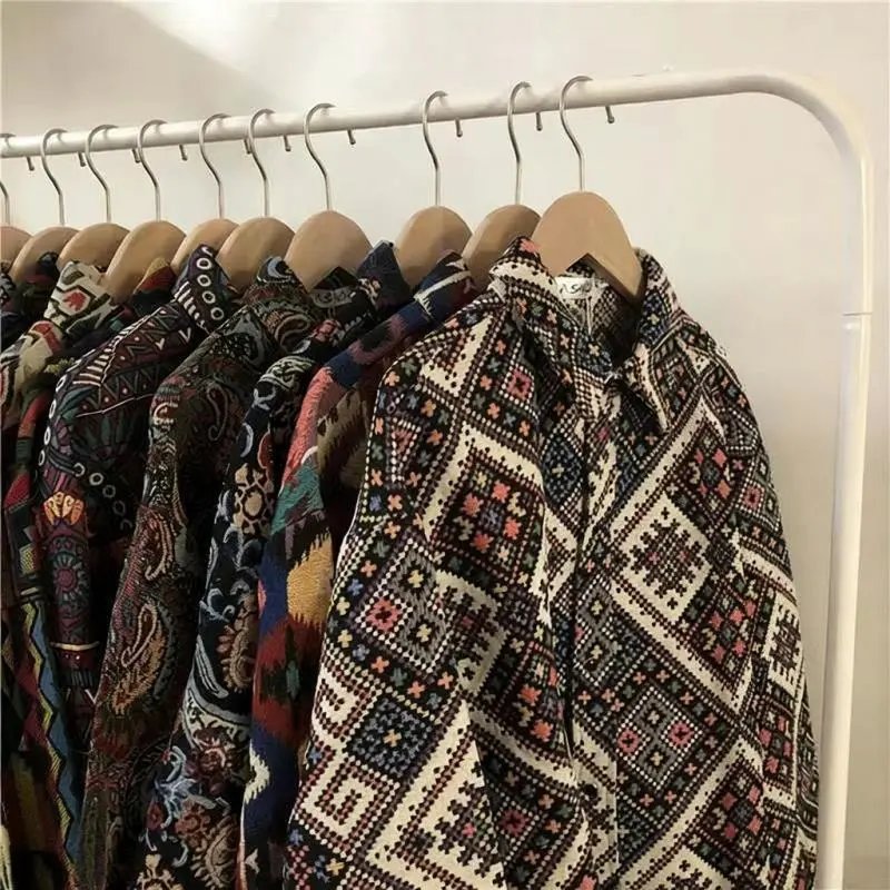 Cuban vintage 12 shirt men's loose autumn and winter style Japanese retro ethnic style couple long sleeved shirt jacket