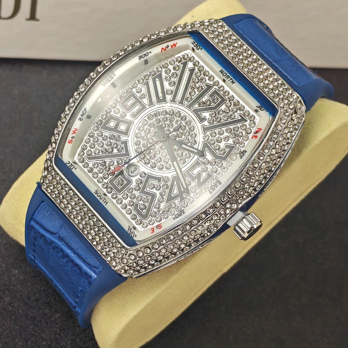 Design Luxury Chrono Diamond-Encrusted Gold Tone Watch with Blue Rubber Strap Watches - 6
