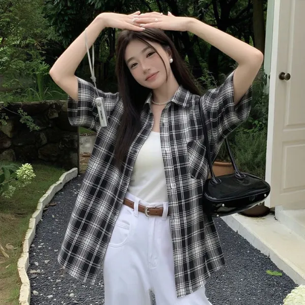 Design Oversized Plaid Shirt Black White Tops.shirt - 1