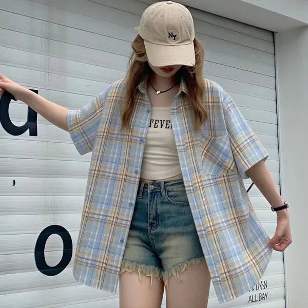 Design Plaid Short-Sleeve Shirt Blue Beige Tops.shirt - 8