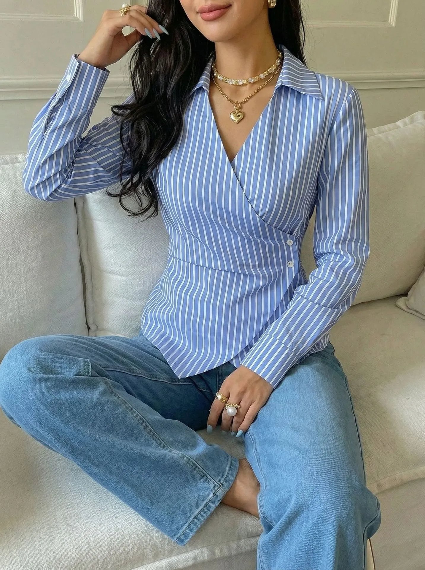 Design Striped Asymmetrical Wrap Shirt Black and White Tops Shirt - 11