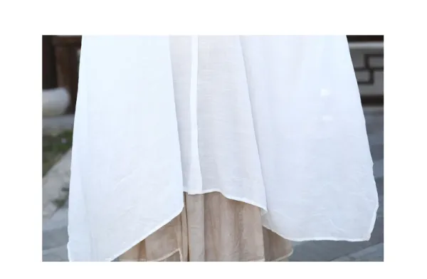 Design Oversized Linen Shirt White + Tiered Skirt Beige + Straw Hat + Woven Bag Handbag - 21