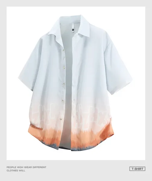 Design Oversized Short-Sleeve Button-Up Shirt with Gradient Dip-Dye Hem Tops Shirt - 18