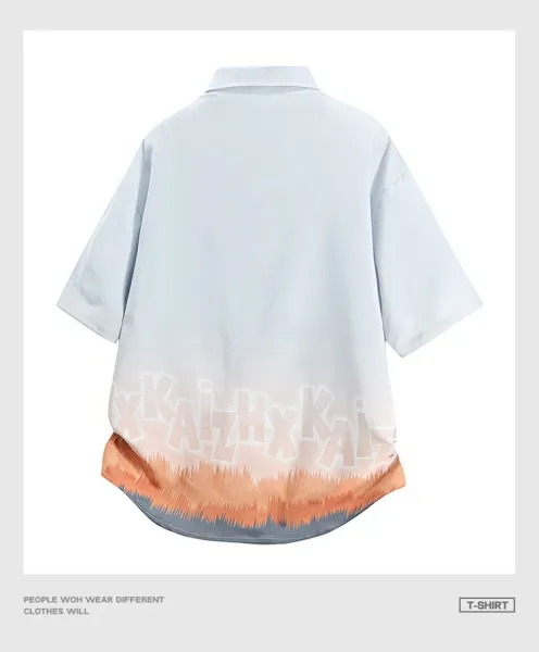 Design Oversized Short-Sleeve Button-Up Shirt with Gradient Dip-Dye Hem Tops Shirt - 19