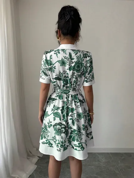 Design Floral Print Shirt Dress in White and Green - 10