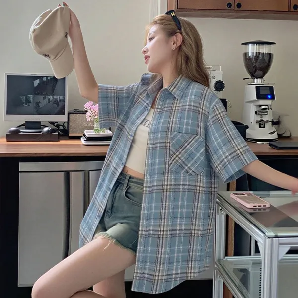 Design Plaid Short-Sleeve Shirt Blue Beige Tops.shirt - 6