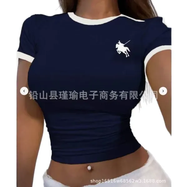 Design Cropped Ringer T-Shirt Navy with White Horse Logo - 4