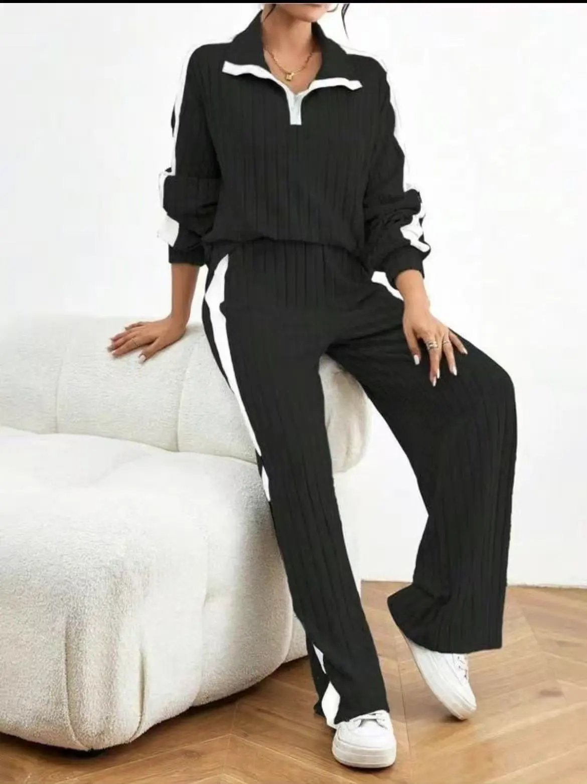 Design Ribbed Knit Track Set Gray with Black Stripe Pants and Top - 14