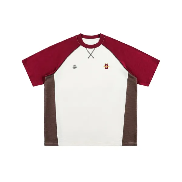 Design Raglan Sleeve Color-Block T-Shirt White Burgundy Brown - 1