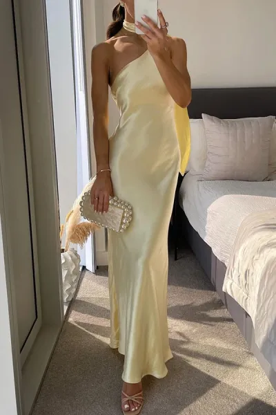 Design One-Shoulder Satin Maxi Dress in Champagne Gold - 9