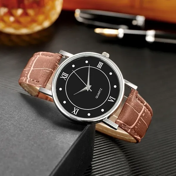 Design Classic Roman Numeral White Dial Black Leather Strap Quartz Watch Watches - 6