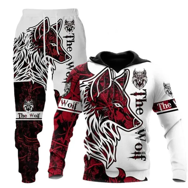 Design Wolf Graphic Hoodie and Sweatpants Set White Red Multicolor - 1