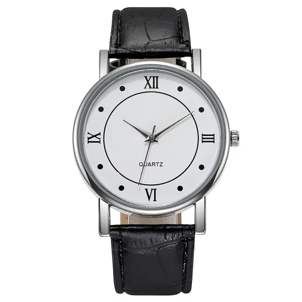 Design Classic Roman Numeral White Dial Black Leather Strap Quartz Watch Watches - 1