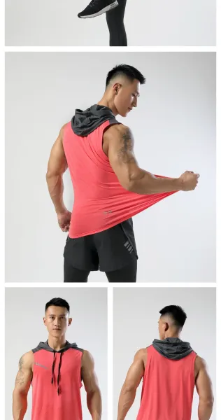 Design Hooded Mesh Vest Top in Coral Red with Gray Hood - 16
