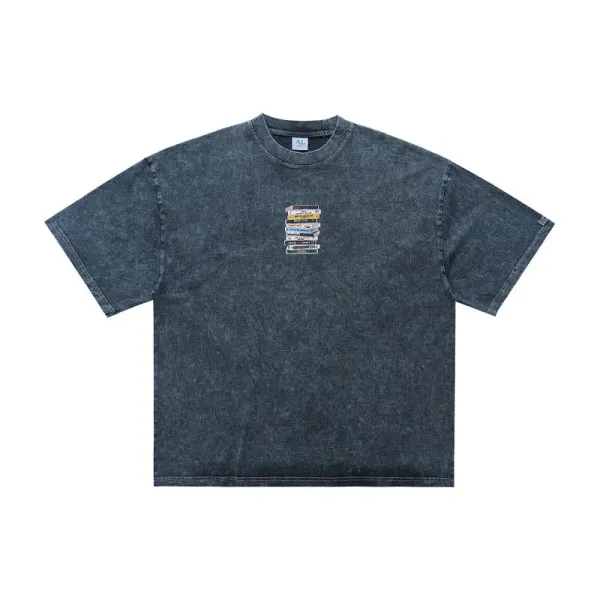 Design Acid Wash Denim T-Shirt with Cassette Tape Graphic - 1
