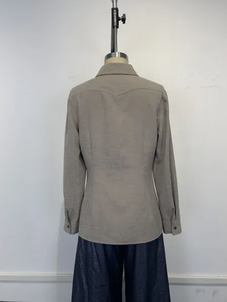 Design Distressed Button-Up Shirt in Stone Washed Beige with Black Leather Pants - 10