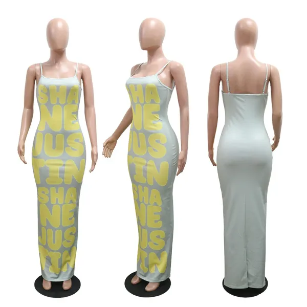 Design Graphic Print Beige Maxi Dress with 'SHANE JUSTIN' Typography - 44