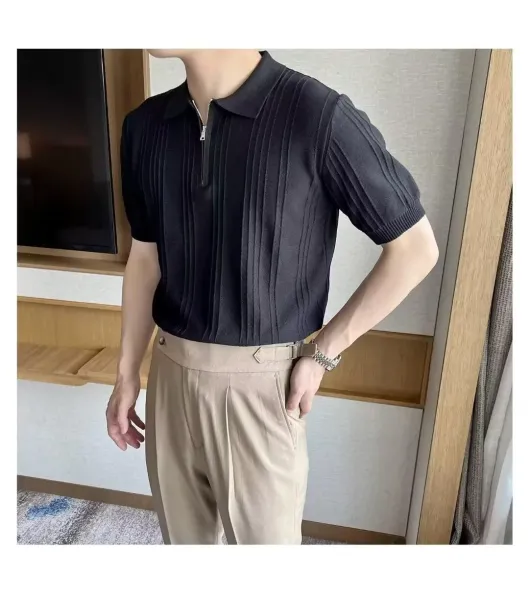 Design Ribbed Zip-Neck Polo Shirt Black Tops Polo - 6