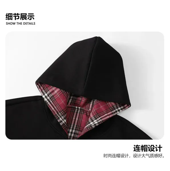 Design Zip-Up Hooded Jacket Black with Plaid Lining Outerwear - 3