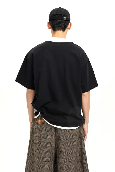 Design Layered Collar V-Neck T-Shirt Black - 8
