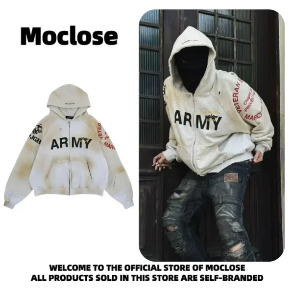 Design Moclose Army Distressed Zip-Up Hoodie Beige Hoodie - 13