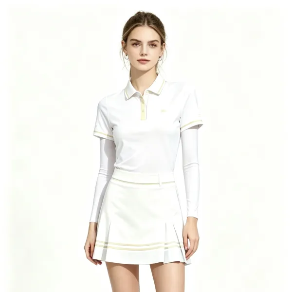 Design White Tennis Polo and Pleated Skirt Set with Gold Trim - 1