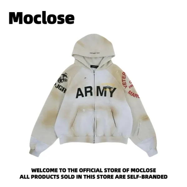 Design Moclose Army Distressed Zip-Up Hoodie Beige Hoodie - 1