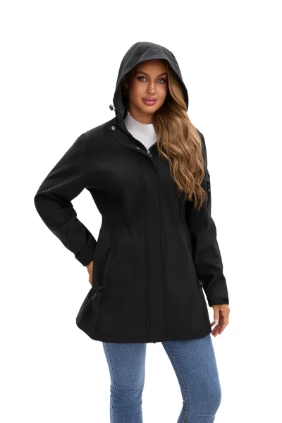 Design Water-Resistant Hooded Trench Coat in Black Outerwear - 12