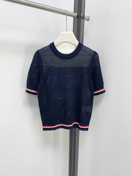 Design Open-Knit Short-Sleeve Sweater Navy with Red-White Trim - 1