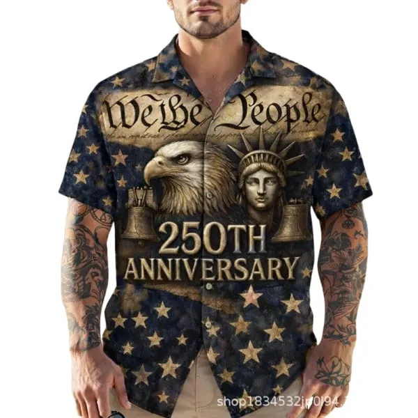 Design Patriotic Print Short-Sleeve Button-Up Shirt Navy Shirt - 4