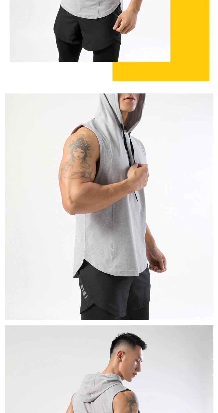 Design Sleeveless Hooded Vest Black with Gray Shorts Vest Top - 13