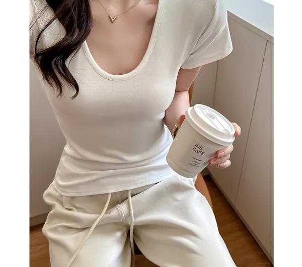 Design V-Neck Ribbed T-Shirt Beige T-Shirt - 19