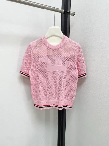 Design Open-Knit Short-Sleeve Sweater Navy with Red-White Trim - 7