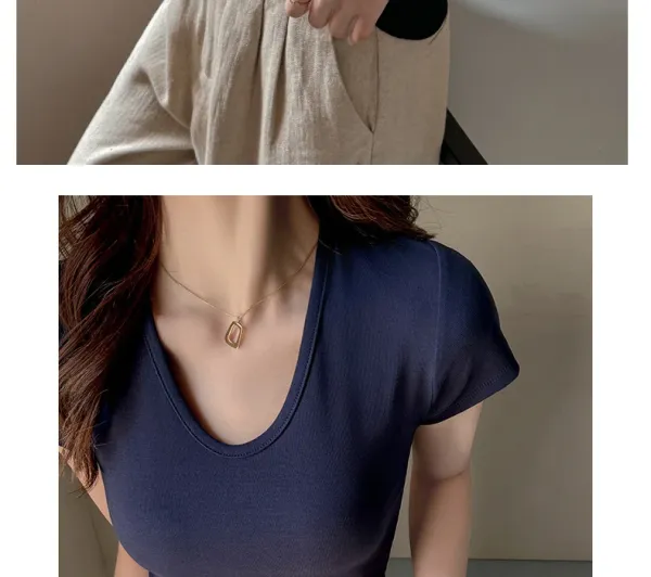 Design V-Neck Ribbed T-Shirt Beige T-Shirt - 24