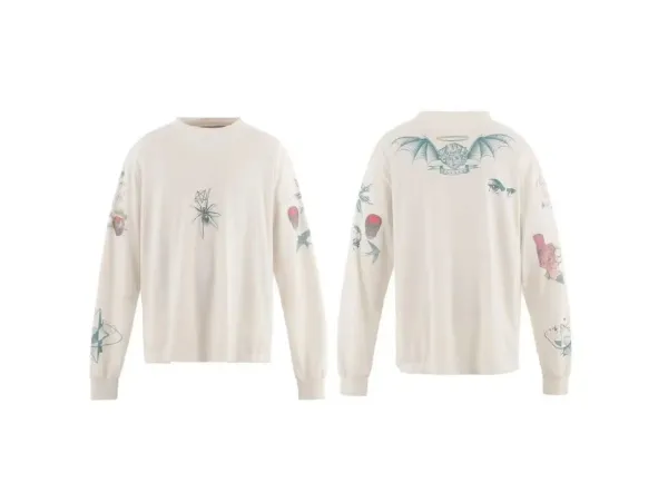 Design Long Sleeve Tee with Tattoo-Style Graphics Beige T-Shirts - 1