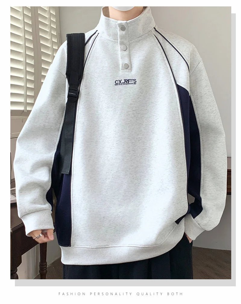 Design Color-Block Half-Zip Pullover Navy and Gray Hoodie - 17