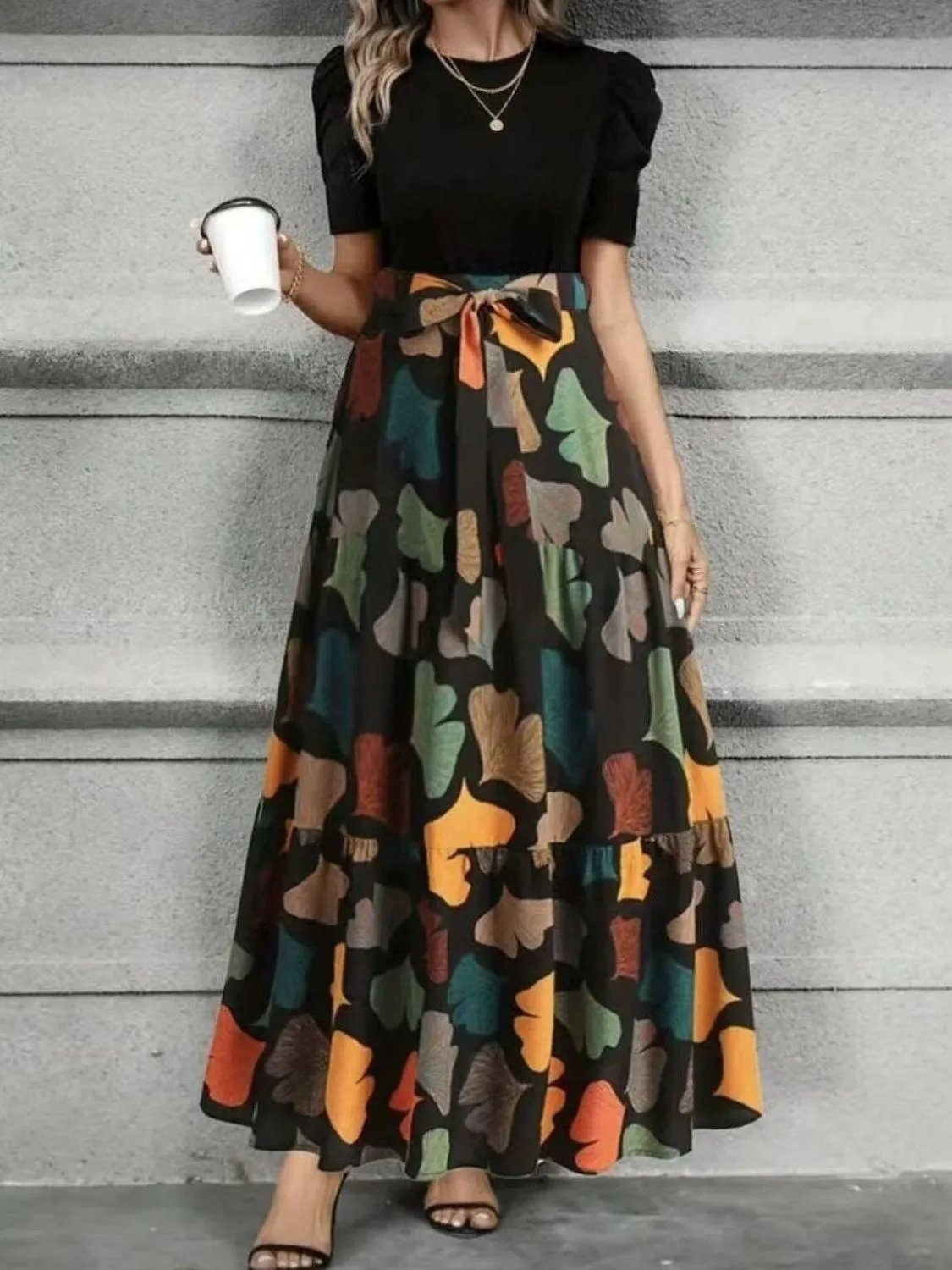 Design Floral Print Tiered Maxi Skirt with Bow Waist Black Top Set Dress - 6