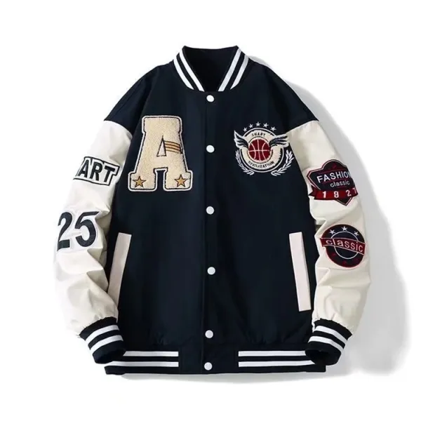 Design Varsity Jacket Navy and Cream Embroidered Letter A Basketball Patch Jacket Outerwear Jacket - 1