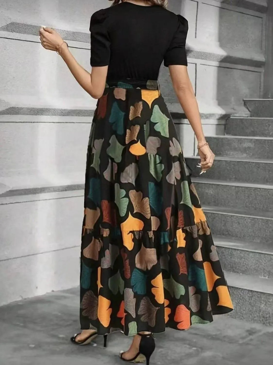 Design Floral Print Tiered Maxi Skirt with Bow Waist Black Top Set Dress - 7