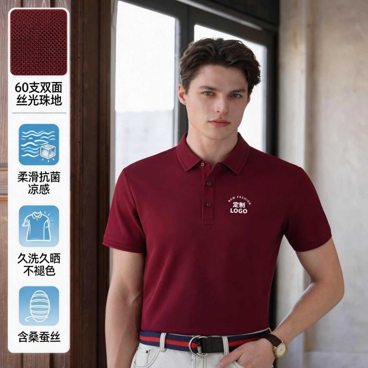 轻奢跨境golf服装男士俱乐部球服上衣polo衫桑蚕丝高尔夫球服定制