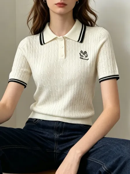 Fred Perry Cable Knit Polo Cream with Tennis Embroidery Tops Polo - 6