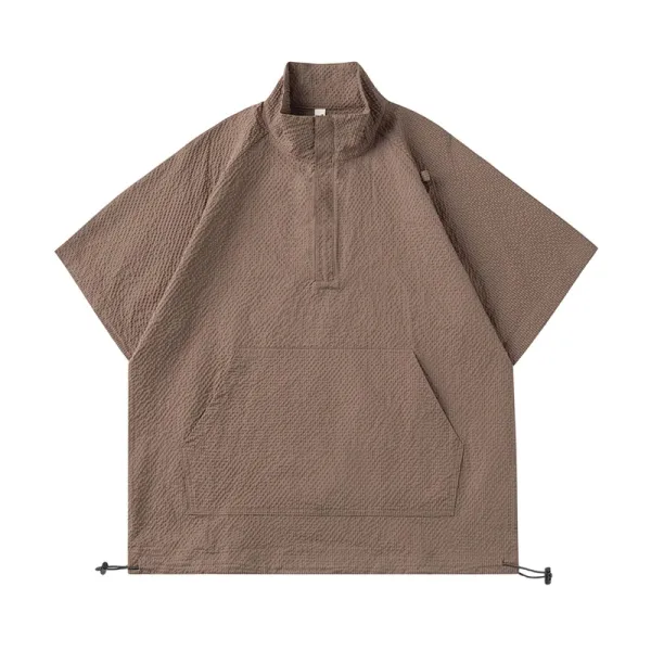 Design Waffle-Textured Half-Zip Poncho Top Brown - 1