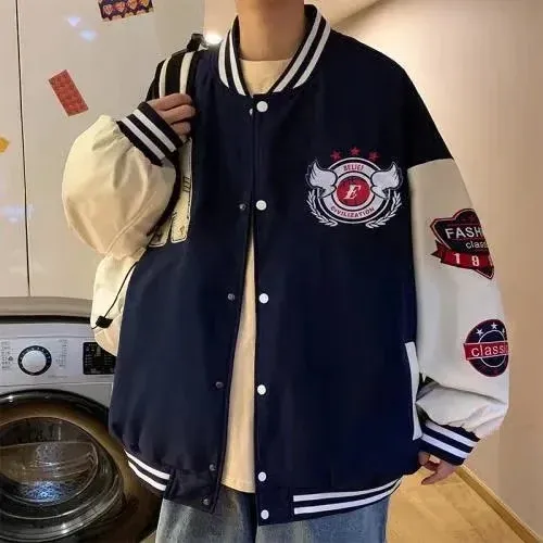 Design Varsity Jacket Navy and Cream Embroidered Letter A Basketball Patch Jacket Outerwear Jacket - 31