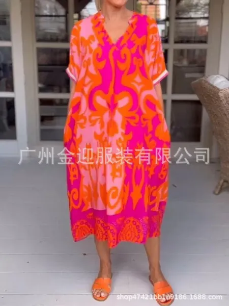 Design Printed V-Neck Midi Dress Blue Pink Multicolor - 13