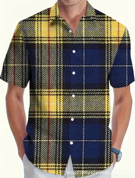 Design Tartan Plaid Short-Sleeve Button-Up Shirt Multicolor - 1