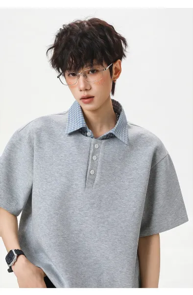 Design Layered Collar Polo Navy Blue Tops Polo - 10